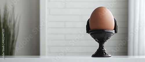 A brown egg sits in a black, ornamental egg cup on a white surface