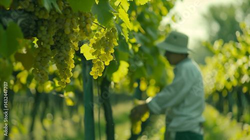 Close-Up of Skilled Farmer Hand-Picking Ripe Grapes in Sunlit Vineyard, Showcasing Organic Harvest and Sustainable Agriculture Concept