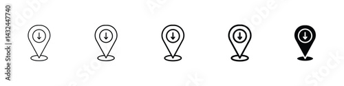 Set of 5 pixel perfect Download GPS map location icon with 1 unexpanded, 1 silhouette, download GPS location icon symbolizing saved map coordinates or offline navigation features
