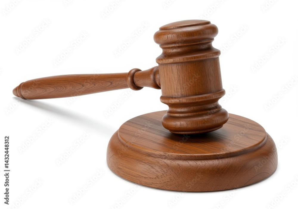 A wooden gavel resting on its sound block isolated on a white background in a studio setting view A wooden gavel resting on its sound block isolated on a white background in a studio setting view