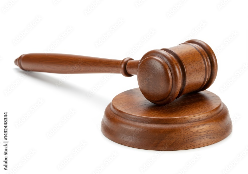 A wooden gavel resting on its sound block against a plain white background in a studio setting A wooden gavel resting on its sound block against a plain white background in a studio setting