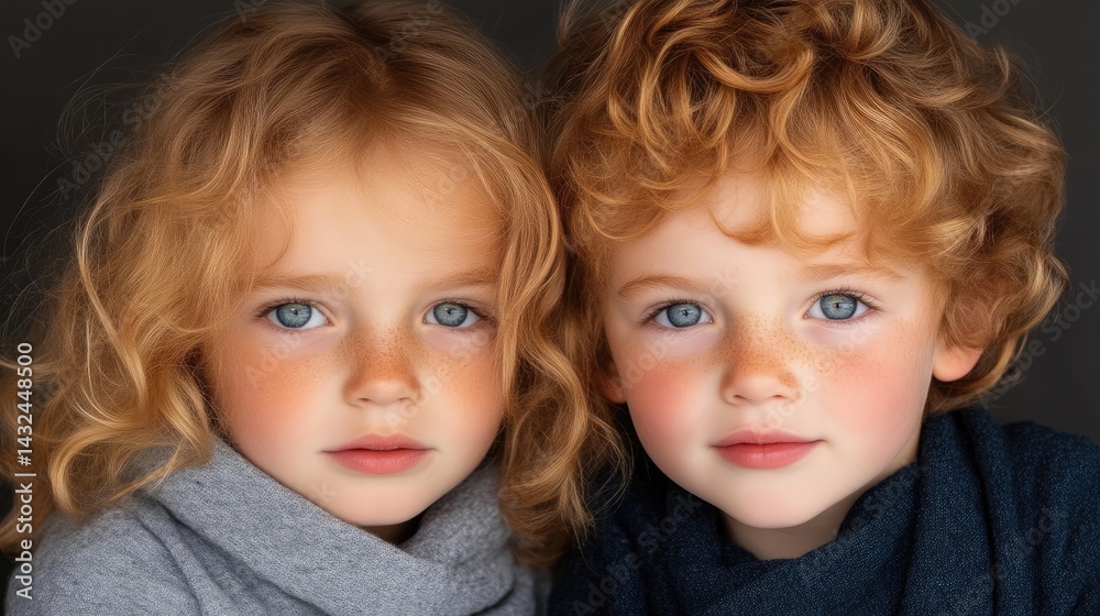 Two children with red hair and blue eyes, close-up portrait Two children with red hair and blue eyes, close-up portrait