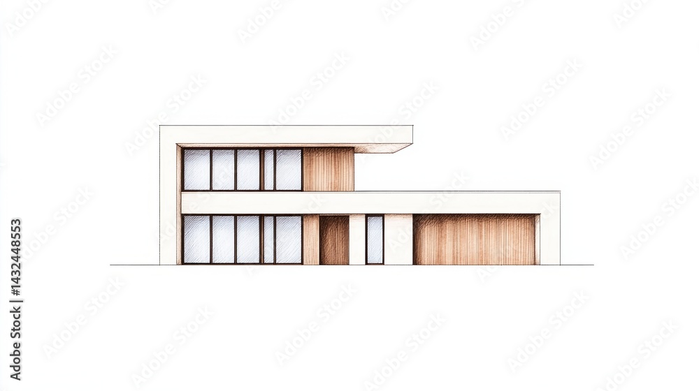 A modern architectural sketch featuring a minimalist design with large windows and wooden elements, emphasizing simplicity and elegance. A modern architectural sketch featuring a minimalist design with large windows and wooden elements, emphasizing simplicity and elegance.