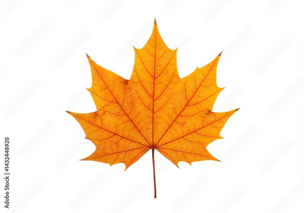 Obraz premium A close up shot of a single orange maple leaf with visible veins isolated on a white background plain