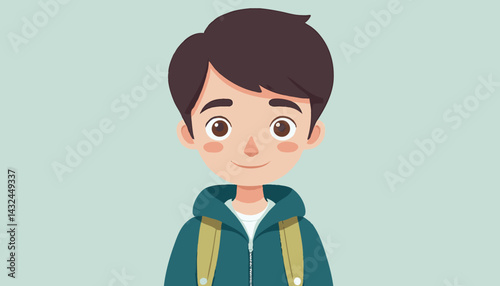 Smiling Boy in a Green Hoodie With a Backpack on Pastel Background