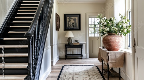 Elegant home hallway, stairs, floral arrangement, natural light, interior design