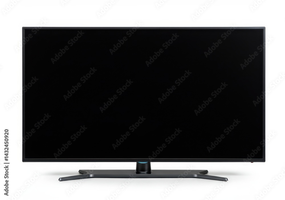 A front view of a flat screen television with a black screen on a white background in a studio setting A front view of a flat screen television with a black screen on a white background in a studio setting