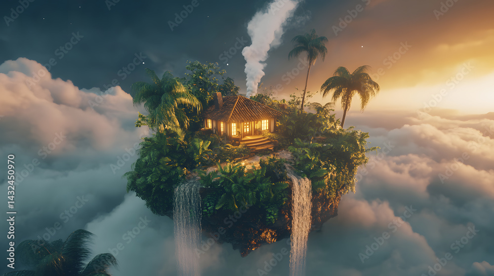 Dreamlike Tropical House Waterfall Island Sunset Cloudscape Fantasy