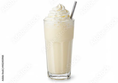 A vanilla milkshake with whipped cream and a metal straw on a white background in a tall glass