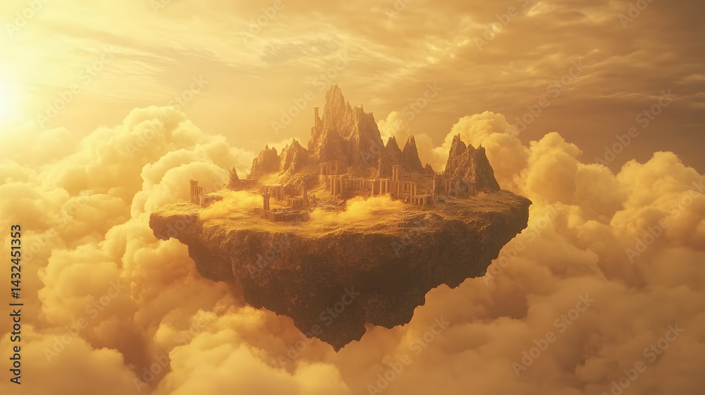 Golden Hour Fantasy Island Floating City Cloudscape Aerial View