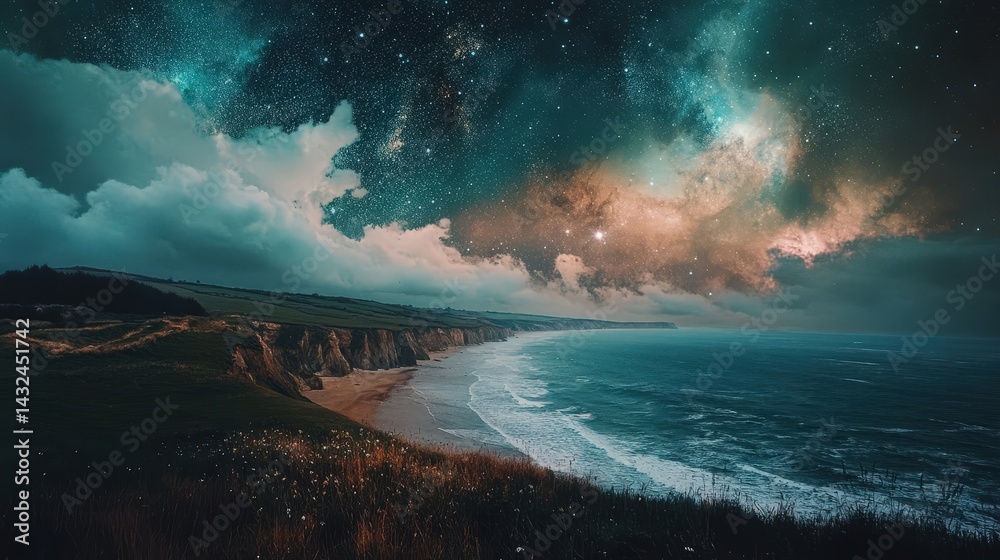 Fototapeta premium Cosmic Beach View: A Dreamy Scene with Stars Above and Waves Below
