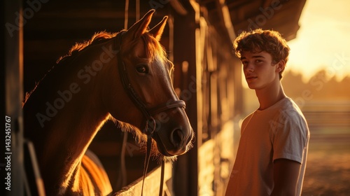 A young person stands beside a horse in a stable during sunset, capturing a serene moment.