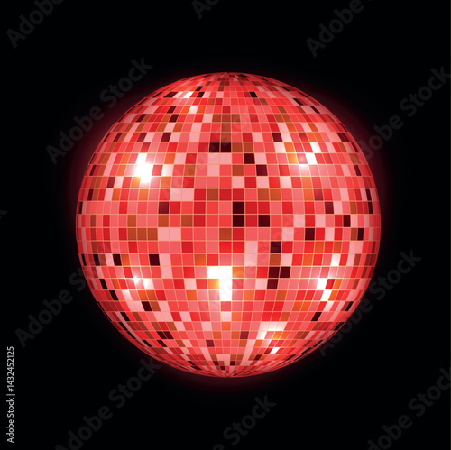 Shiny red disco ball reflects light in dynamic patterns against a black background in a vector format