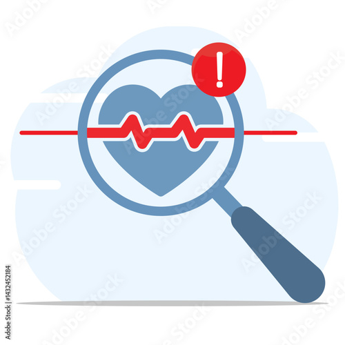 Emergency health tracking concept with magnifying glass, waveform graph and exclamation mark. Warning medical diagnostics for fitness analysis or health monitoring. Bad result for medical check up.
