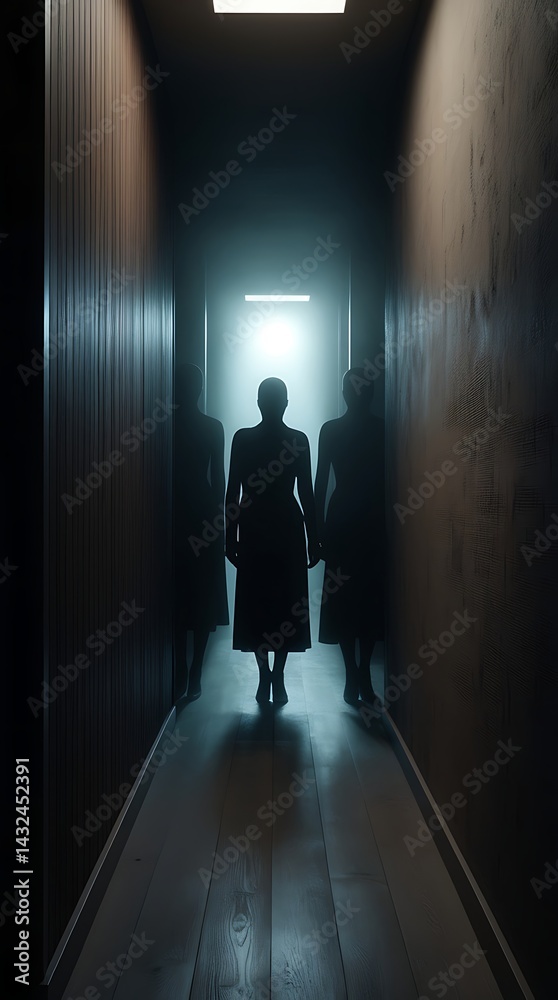 Fototapeta premium Two shadowy figures walking down a dark corridor towards a bright doorway, creating a mysterious, dramatic atmosphere filled with suspense and tension