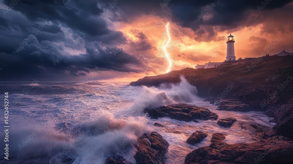 Fototapeta premium A stormy lighthouse scene with waves crashing, lightning in the sky, and a beautiful sunset glow lighting the clouds.