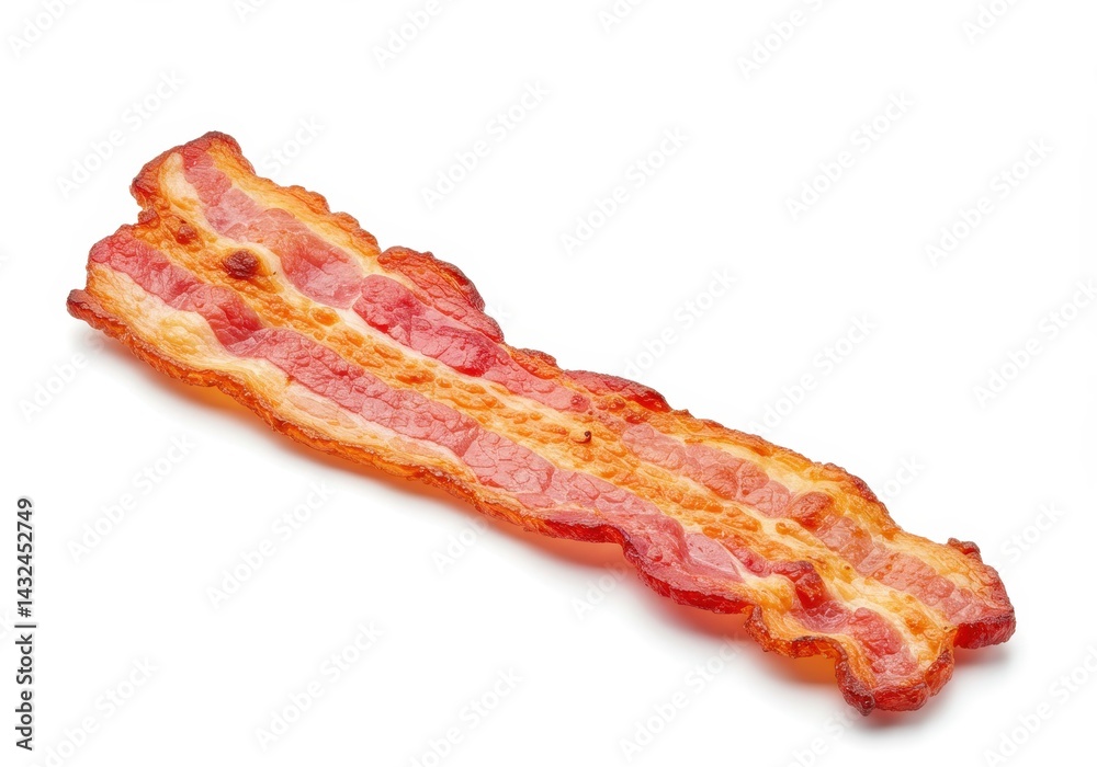 A single crispy bacon strip with visible fat marbling isolated on a plain white background studio shot A single crispy bacon strip with visible fat marbling isolated on a plain white background studio shot
