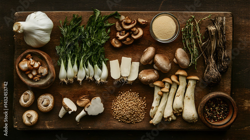 3. Food cooking background, ingredients for preparation vegan dishes, vegetables, roots, spices, mushrooms and herbs. Old cutting board. Healthy food concept. Rustic wooden table background, top view