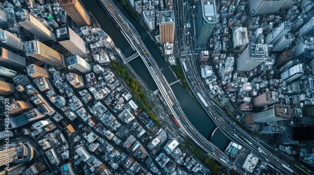 Fototapeta premium Aerial view of a bustling urban landscape with buildings, roads, and a river.