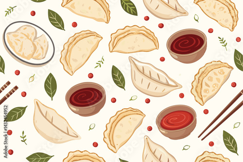 Create a vibrant, seamless background pattern featuring delicious gyoza dumplings in various cooking stages, accompanied by soy sauce, chili oil, and other dipping sauces.