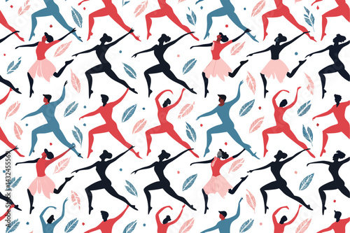 Create a seamless, flat vector pattern featuring stylized abstract dancers in dynamic poses.  Use a vibrant color palette.