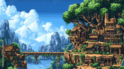 Pixel Art Fantasy Village Scene with Bridge and Mountain Backdrop