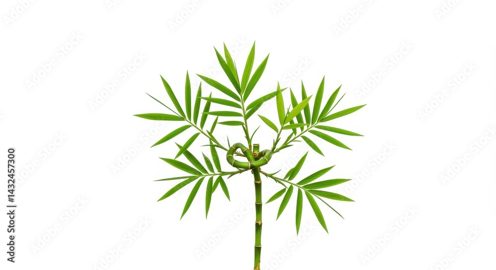 Fototapeta premium Single bamboo plant with green leaves and a knot in the stem isolated on a white background studio shot