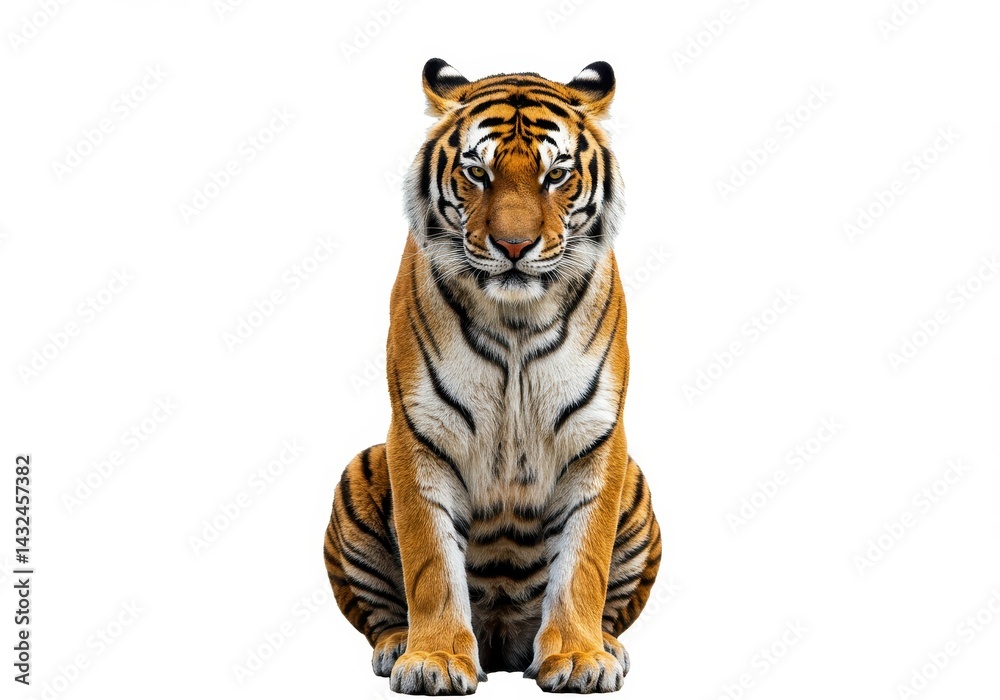 Fototapeta premium Majestic tiger sitting powerful gaze intense orange and black stripes isolated on white background sharp focus wildlife photography