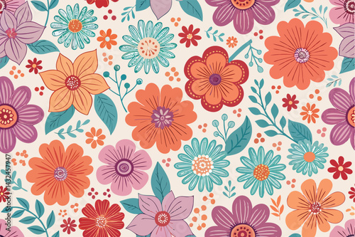 Generate a seamless looping floral pattern featuring irregular, organically-shaped blooms and leaves in vibrant, contrasting colors.  The design should be suitable for textile prints and wallpaper.