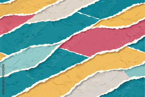 Create a seamless pattern in a modern collage style featuring torn paper edges and diverse textures, incorporating geometric shapes and vibrant color palettes.