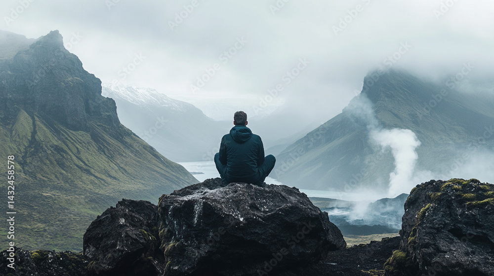 custom made wallpaper toronto digitalSolitude's Embrace: A solitary figure sits in serene contemplation amidst a dramatic landscape. The mountains and sky become the backdrop, inviting the viewer to pause and reflect.