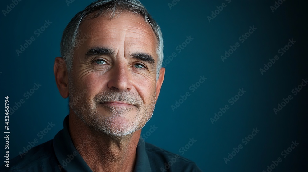 Fototapeta premium Portrait of Mature Man Smiling on Dark Blue Background