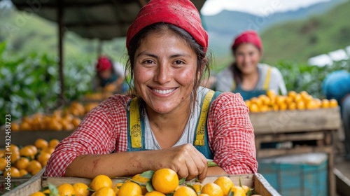 Smiling woman surrounded by oranges.  Happy worker in a fruit packing shed