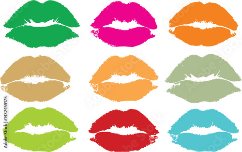 Different color lipstick kiss prints. Seamless pattern lipstick kiss. Fabric print design, cosmetic industry marketing poster or flyer idea. Changeable shapes female sexy lips. Editable vector, EPS 10