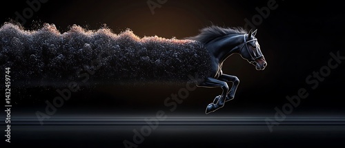 A dark horse mid-jump, transitioning into cloud-like form on a black background
