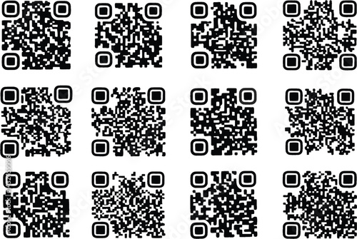 QR code sample set pixel layout. Good for accessing websites, making mobile payments, sharing information, and tracking products. E commerce technology in business. Editable vector, EPS 10.