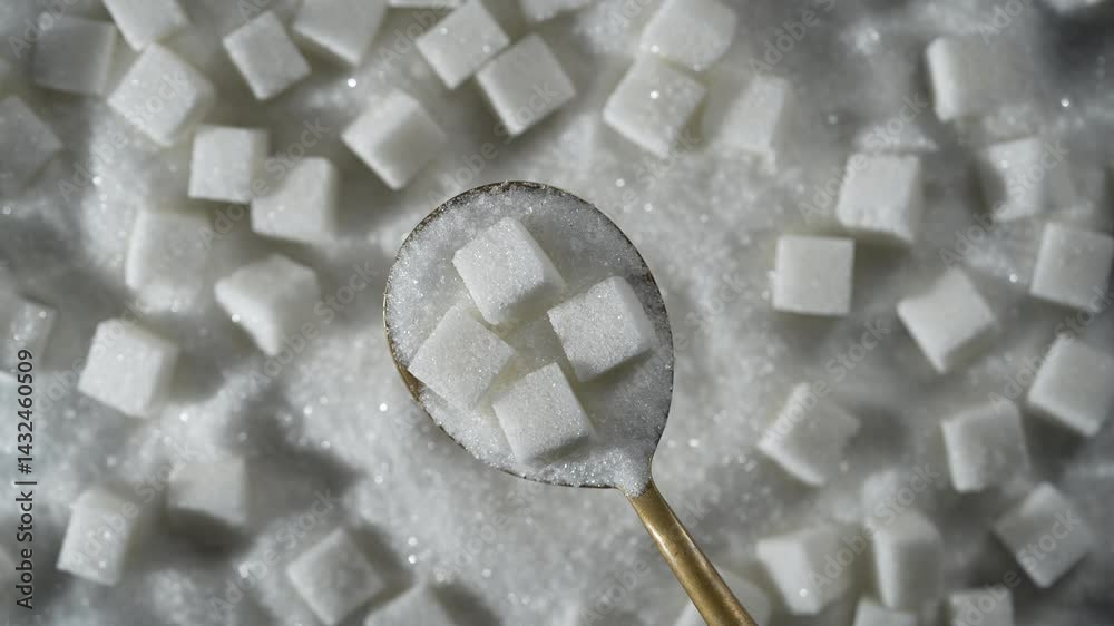 White granulated sugar in spoon in the background pile sugar cubes, top view, close up, rotates. The concept of unhealthy eating, obesity, heart disease, diabetes