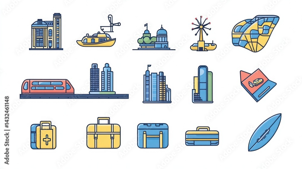 Obraz premium City travel icons transport, buildings, attractions