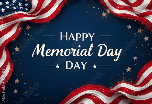 Memorial Day celebration with American flag border, gold text, and patriotic design.
