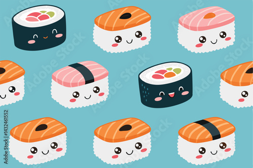 Create a seamless vector pattern of cute, emoji-style sushi faces, including various types like maki, nigiri, and temaki.  Background should be white.