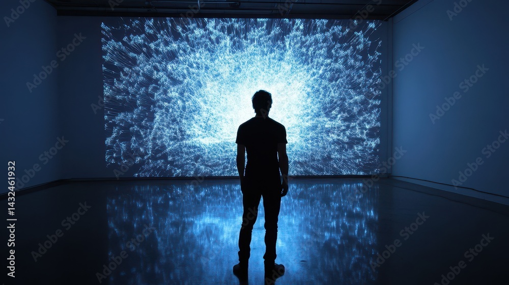 Fototapeta premium Silhouette figure contemplates a projected digital network.