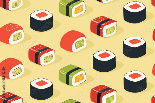 Create a vibrant, seamless vector pattern featuring a diverse array of appetizing sushi rolls, including California rolls, maki, and nigiri.  Illustrate various fillings and toppings.