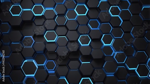 Abstract tech hex background with blue glowing outlines on black surface in 3D design