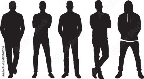 Flat vector silhouettes of casually dressed men and women standing in different full-body poses, solid black figures isolated on white background for creative design