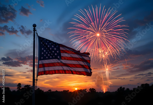 American flag at sunset with fireworks, patriotic celebration, and dramatic twilight sky.