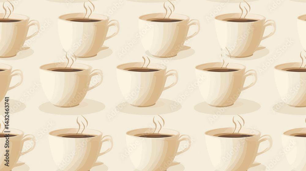 Seamless pattern with hand-drawn steaming coffee cups on soft beige background