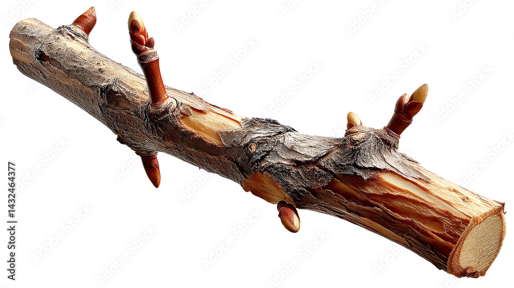 Fototapeta premium Woody Delight: A detailed view of a weathered tree branch, revealing the intricate texture of the bark and the fresh buds, a testament to nature's resilience.