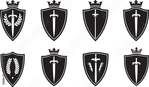 set of heraldic shields, shield, emblem, icon, vector, symbol, heraldic, crest, design, illustration, sign, badge, banner, decoration, arms, frame, insignia, crown, label, element, heraldry, vintage, 