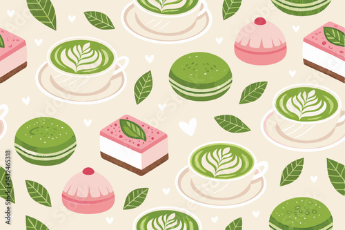 Create a vibrant vector pattern featuring intricately detailed matcha lattes and assorted wagashi desserts.  Illustrate a seamless, repeating design suitable for textile or packaging.