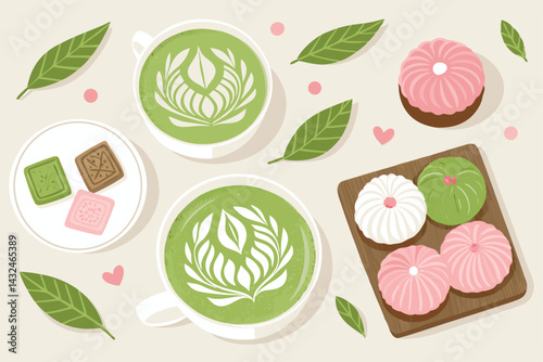 Create a vibrant vector pattern featuring realistic matcha lattes and assorted colorful wagashi desserts.  Include both top-down and side views for visual interest.